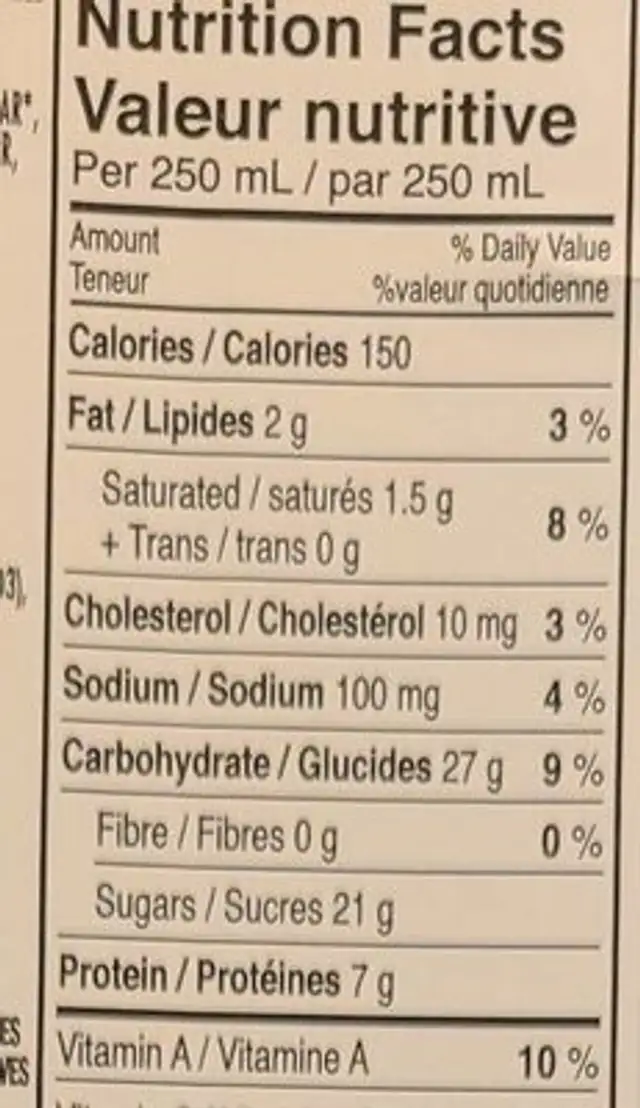 Kefir nutrition facts table