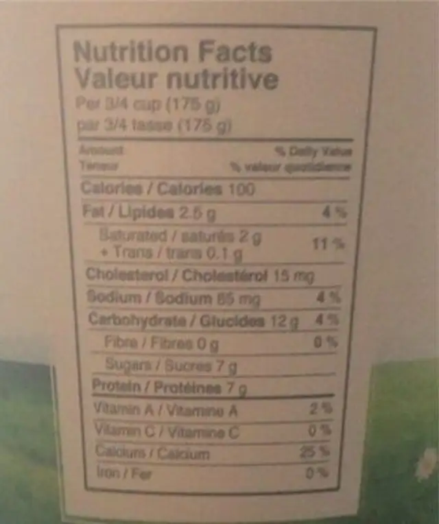 Yogourt nutrition facts table