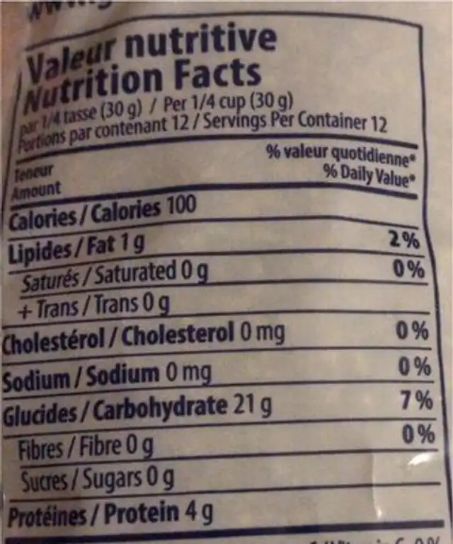 Fereek nutrition facts table