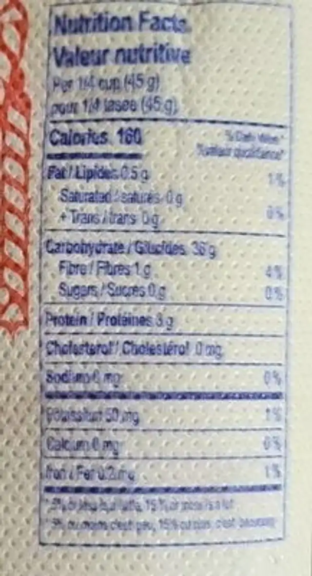 Riz Basmati nutrition facts table