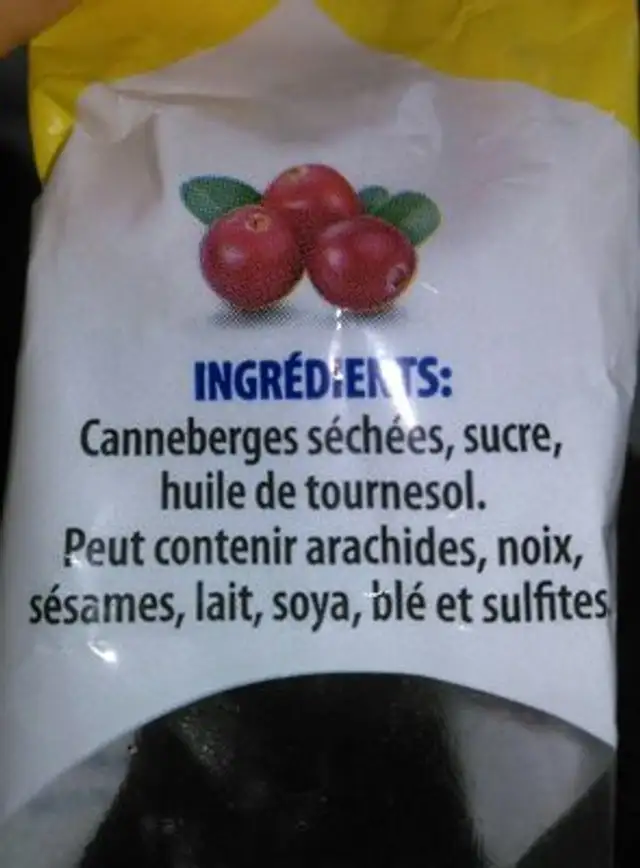 Canneberges séchées ingredients label