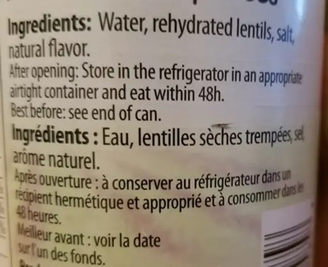 Lentillles Préparées ingredients label