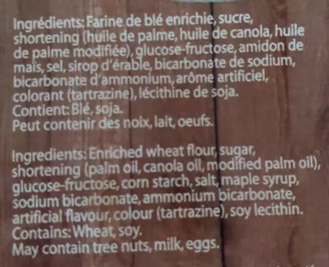 Biscuits Feuille d’érable ingredients label