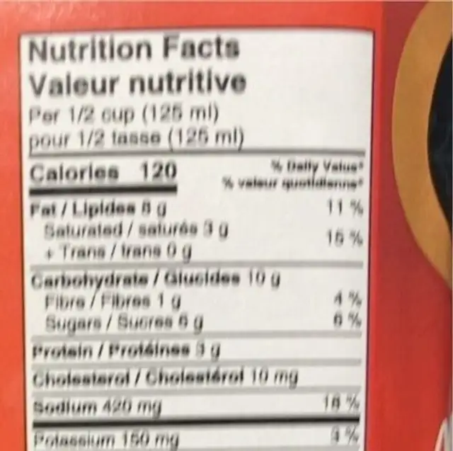 Madras nutrition facts table