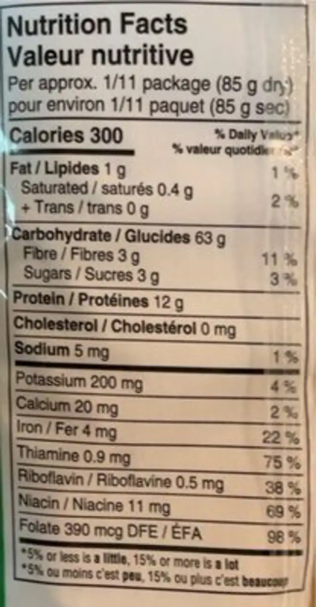 Spagettini nutrition facts table
