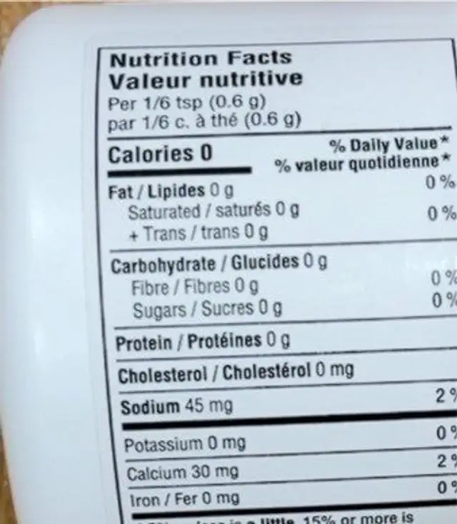 Baking powder nutrition facts table