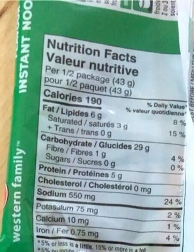 Vegetable flavour instant noodles nutrition facts table