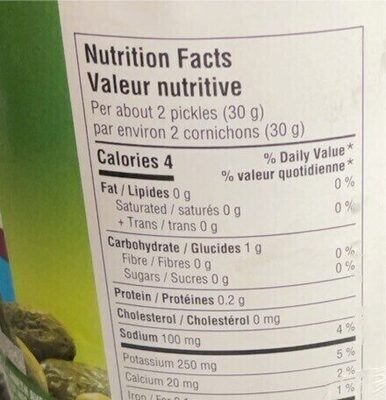 Dill pickles nutrition facts table