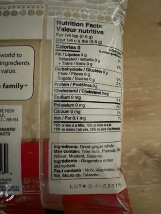 Ground Ginger nutrition facts table