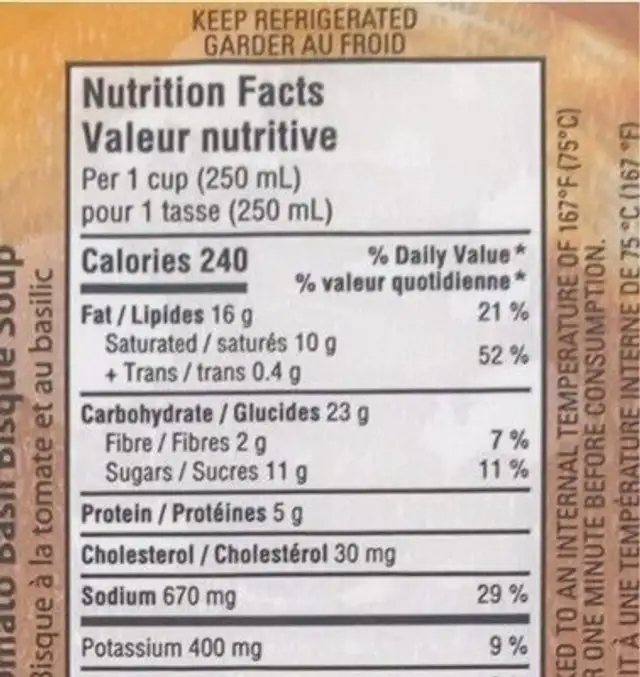 Tomato Basil Bisque nutrition facts table