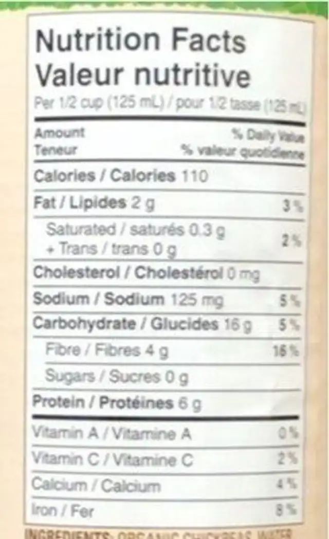 Organic chick peas nutrition facts table