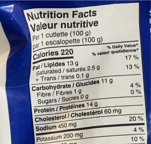 BREADED chicken burgers nutrition facts table