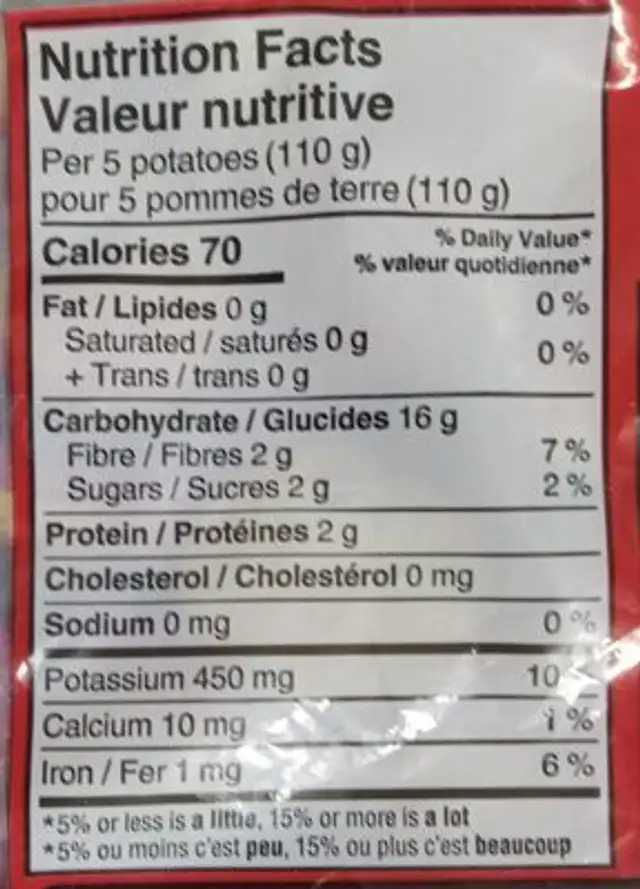 Red Mini Creamer Potatoes nutrition facts table