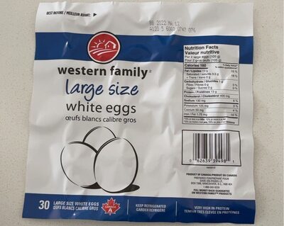 Large fresh white eggs front packaging