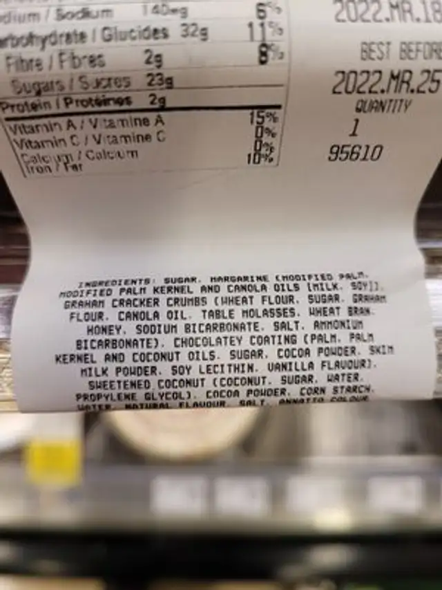nanaimo bars ingredients label