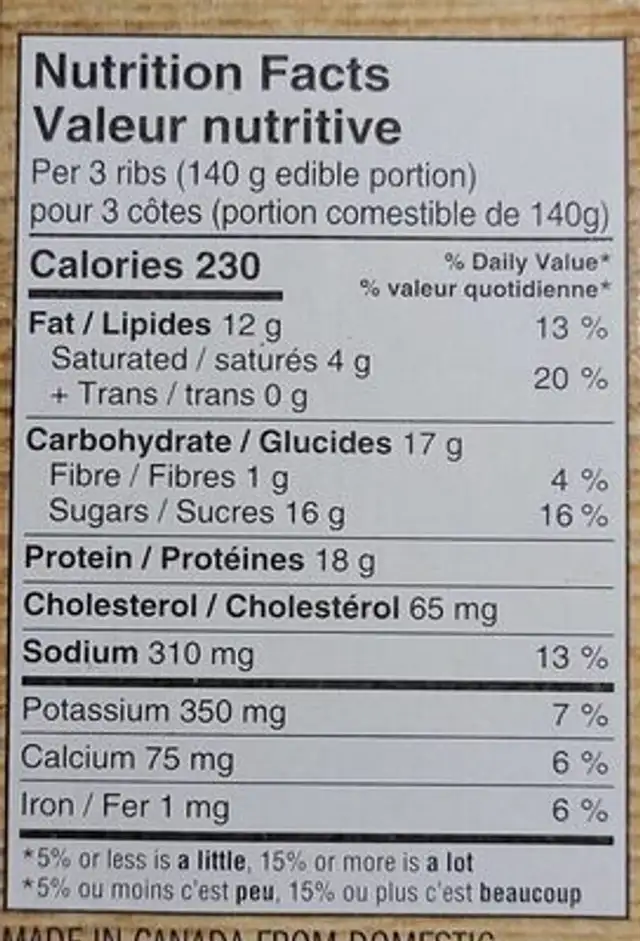Côtes de dos de porc entièrement cuites nutrition facts table