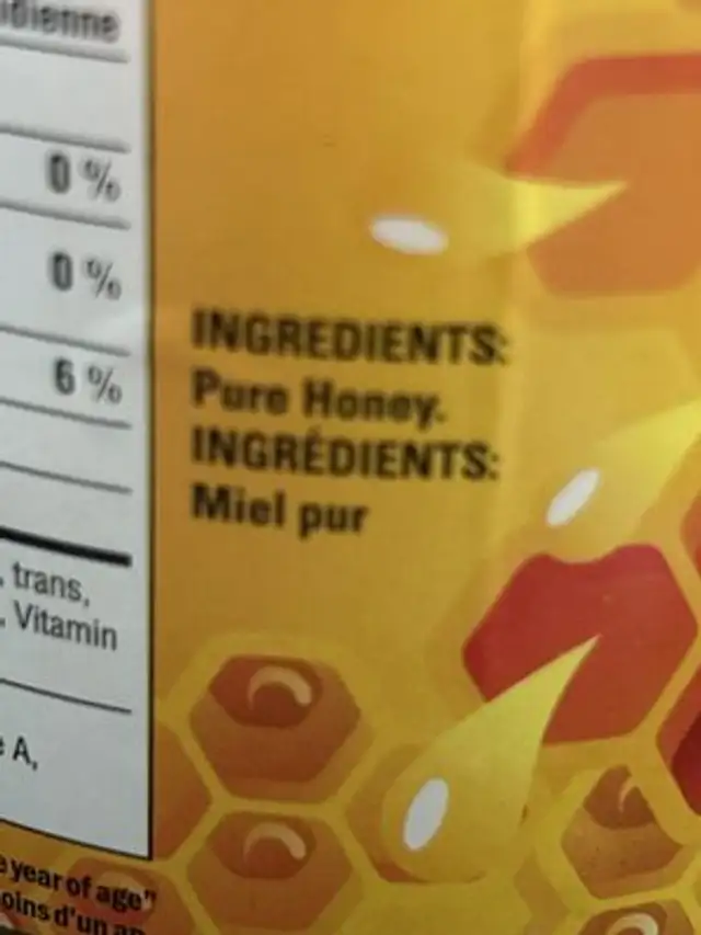 Pure honey ingredients label