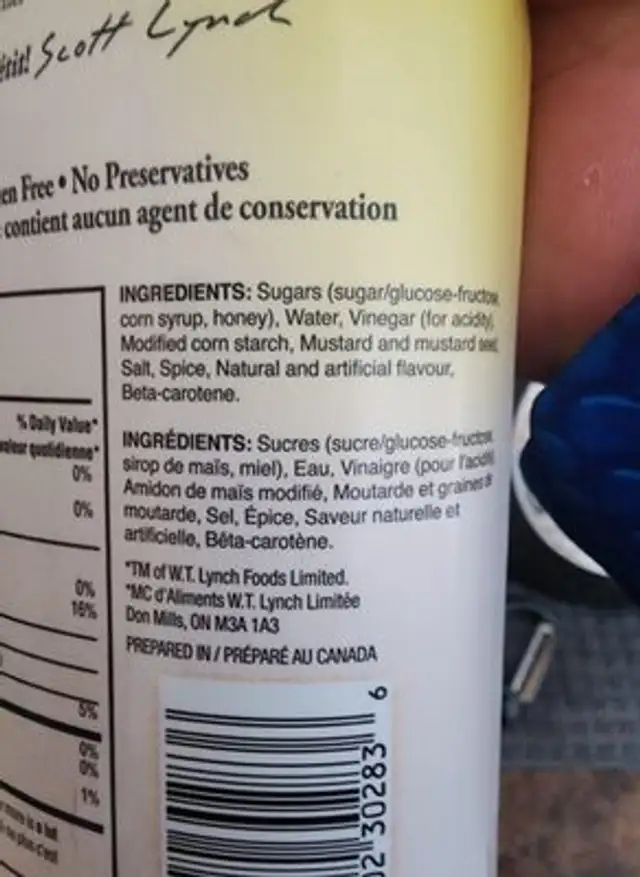 Sauce moutarde au miel ingredients label