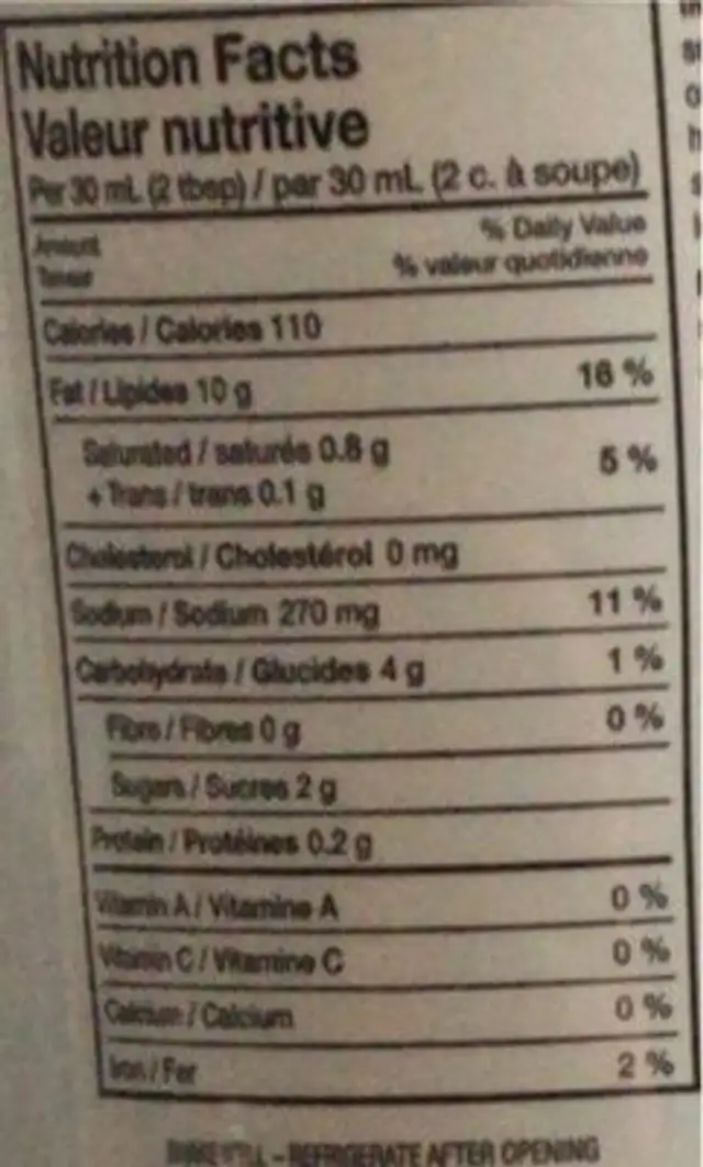 sauce sub nutrition facts table