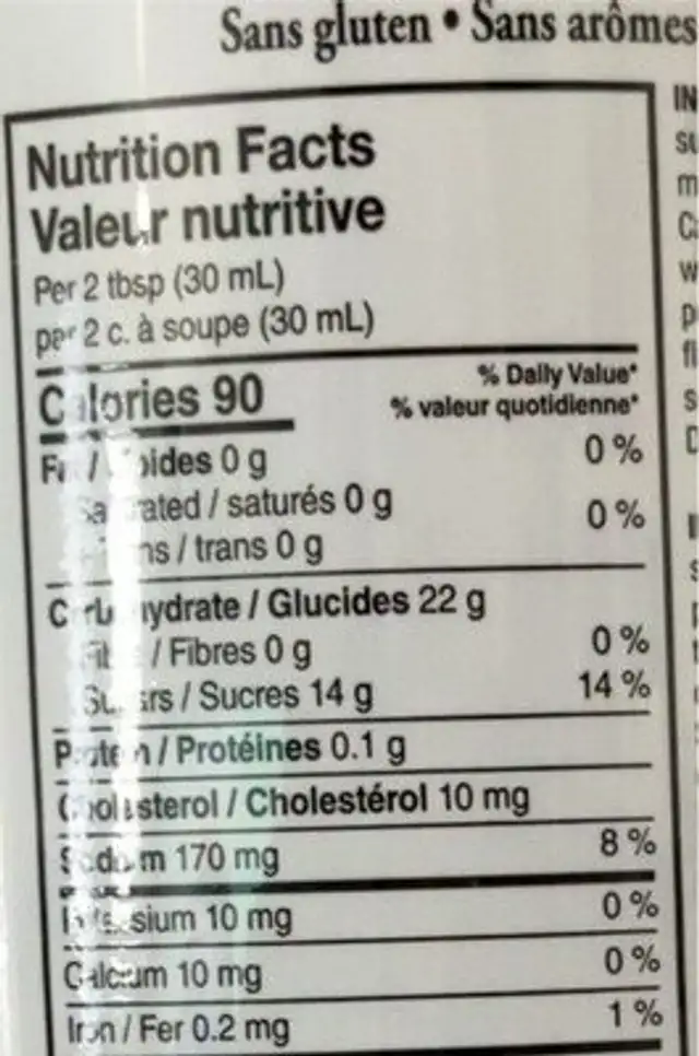 Sauce erable chili nutrition facts table