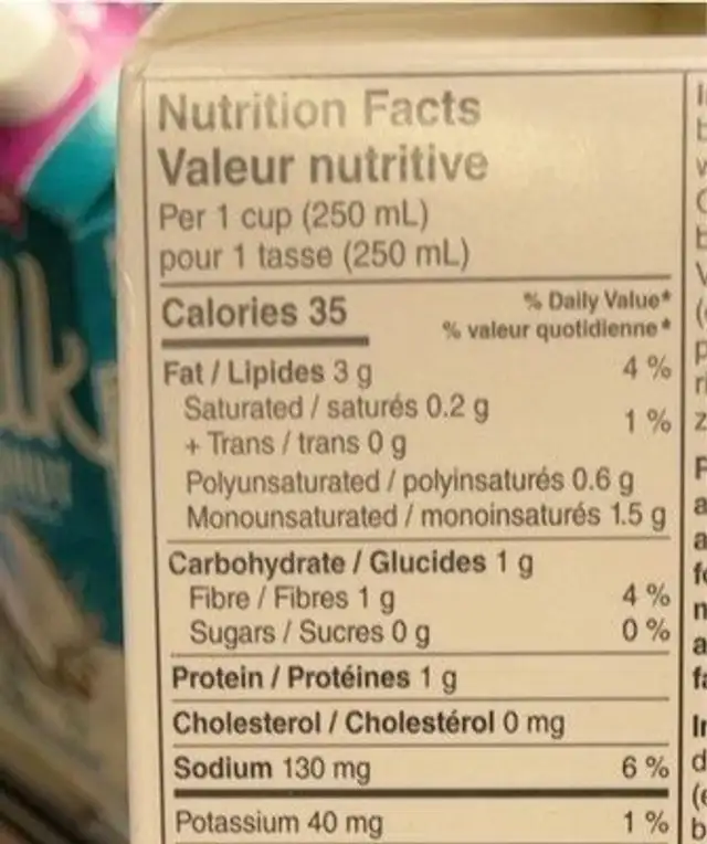 Earth’s Own organics nutrition facts table