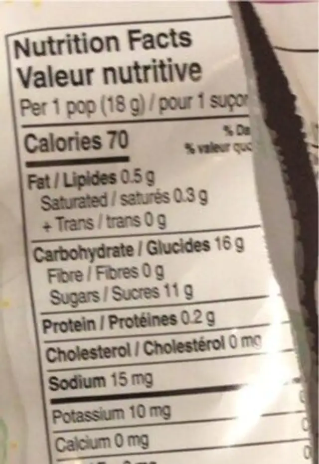 Caramel apple pops nutrition facts table
