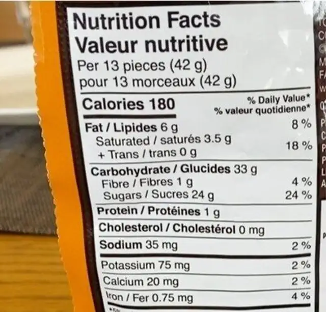 Junior Caramels nutrition facts table