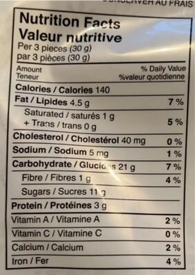 Cantuccini Almond Biscotti nutrition facts table