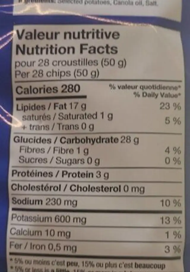 Ripples Regular nutrition facts table