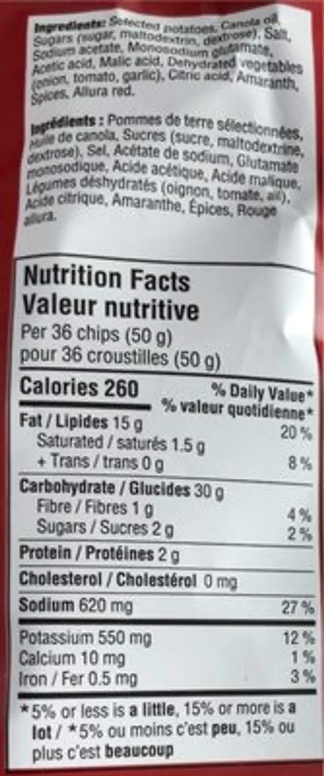 Chips Ketchup nutrition facts table
