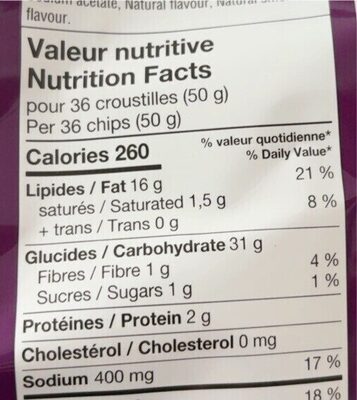 Chips assaisonnées nutrition facts table