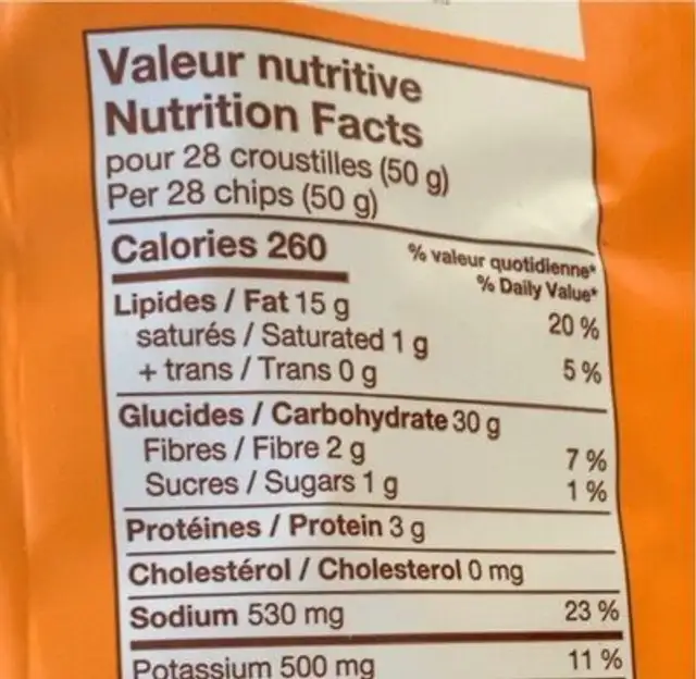 Ondulées Wavy Barbecue nutrition facts table
