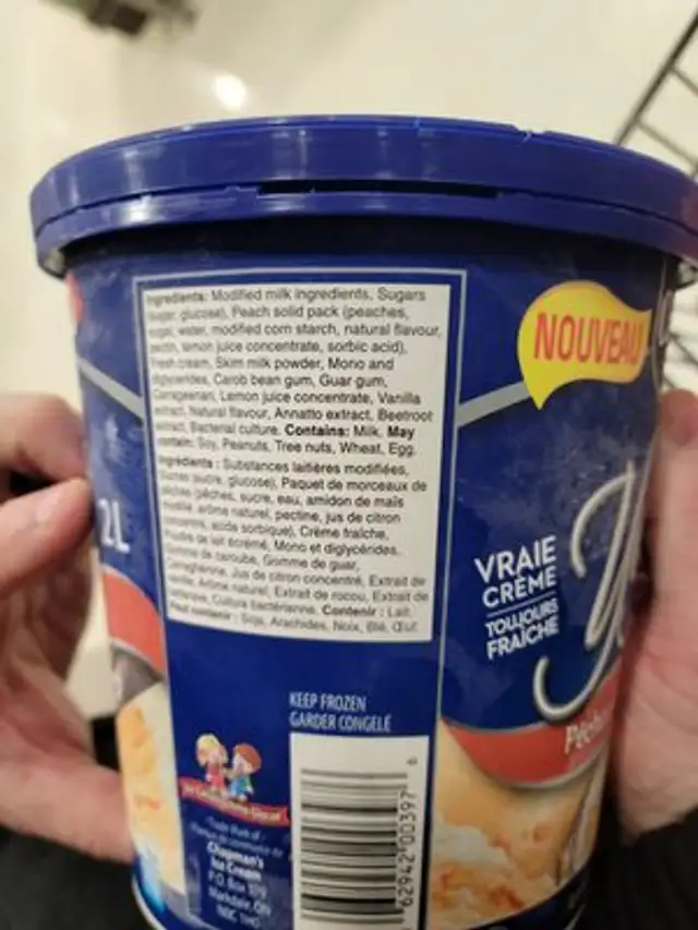 Frozen Yogurt Canadian Peaches & Cream ingredients label