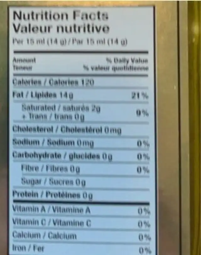 Azeiterio nutrition facts table