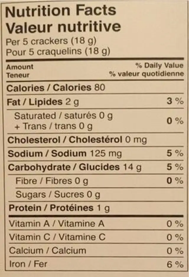 Artisan Italian Crackers nutrition facts table