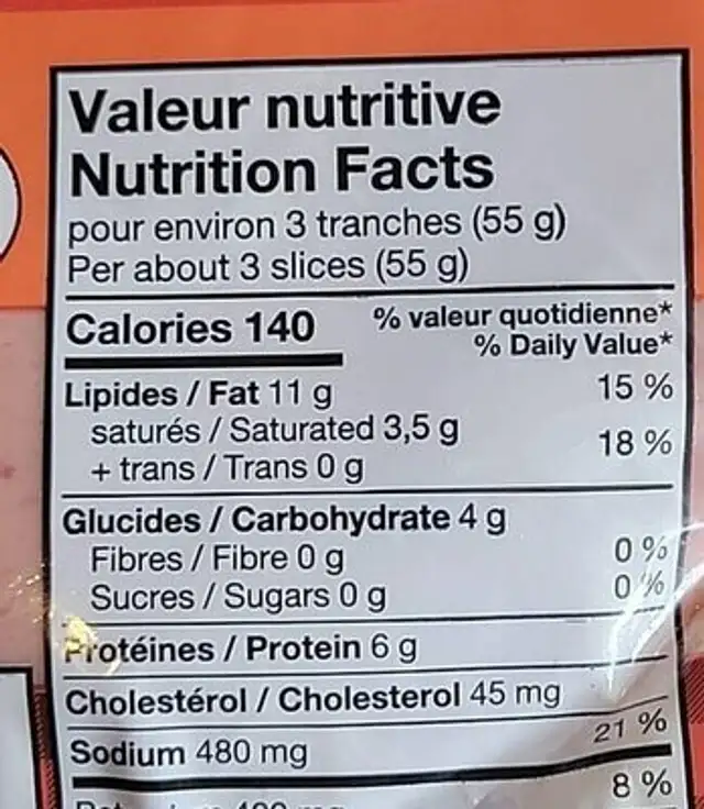 Bologne en tranches nutrition facts table