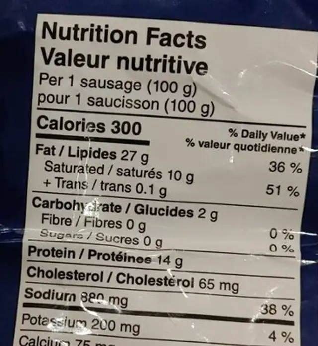 Bacon and Swiss sausages nutrition facts table