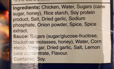 Honey Garlic Flavour Wings ingredients label