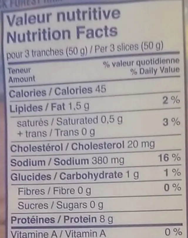 Hygrade smoked black forest ham nutrition facts table