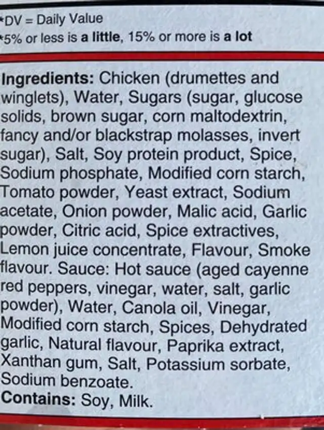 Chicken wings ingredients label