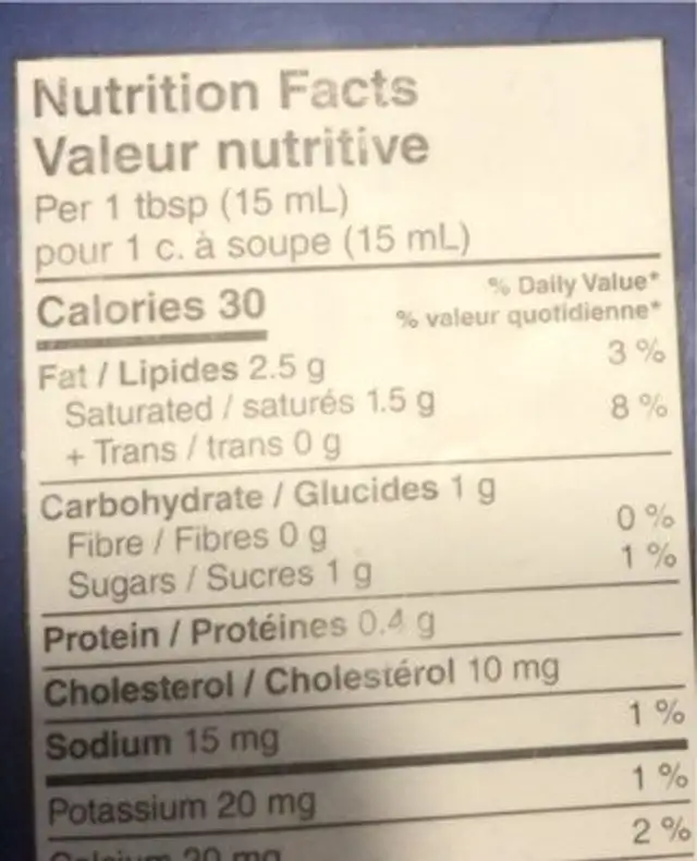 Coffee cream nutrition facts table