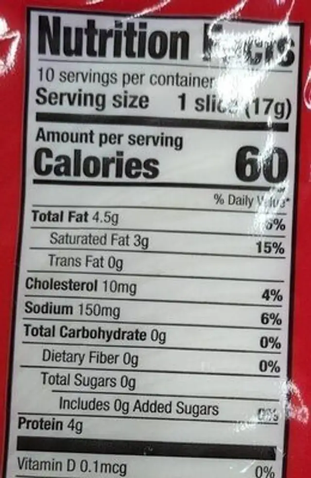 Provolone nutrition facts table