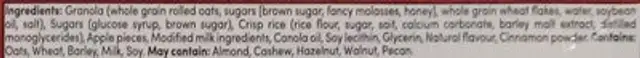 Apple Fritter Chewy Granola Bar ingredients label