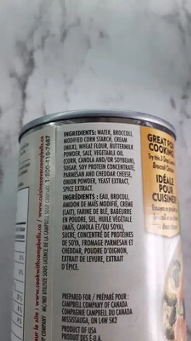 Crème de Brocoli ingredients label