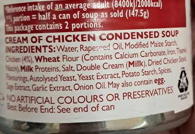 Campbell's Cream of Chicken Condensed Soup ingredients label