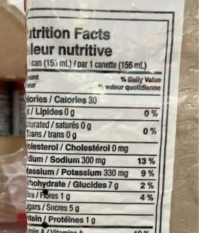 Vegetable Cocktail nutrition facts table