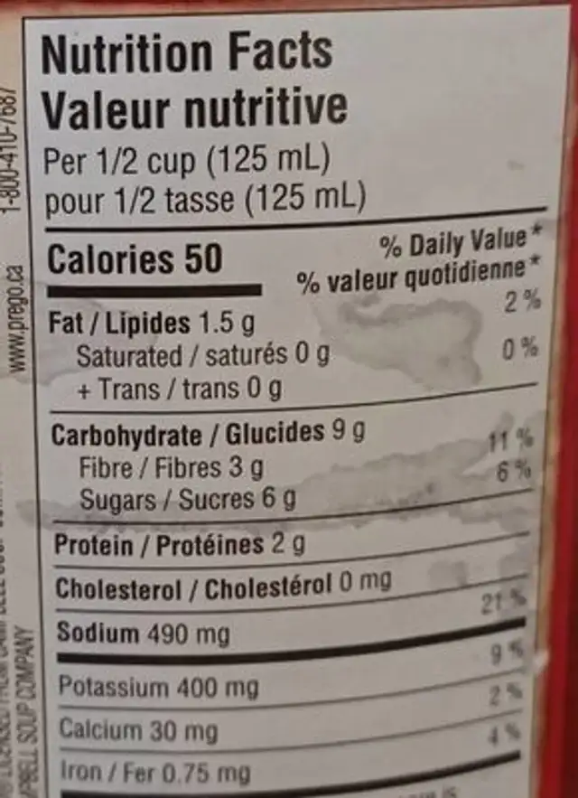 Pasta sauce nutrition facts table