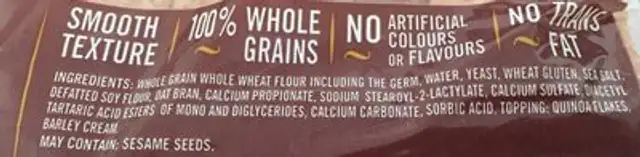 Pain Vitalité Sans Gras Et Sans Sucre (blé Entier) ingredients label