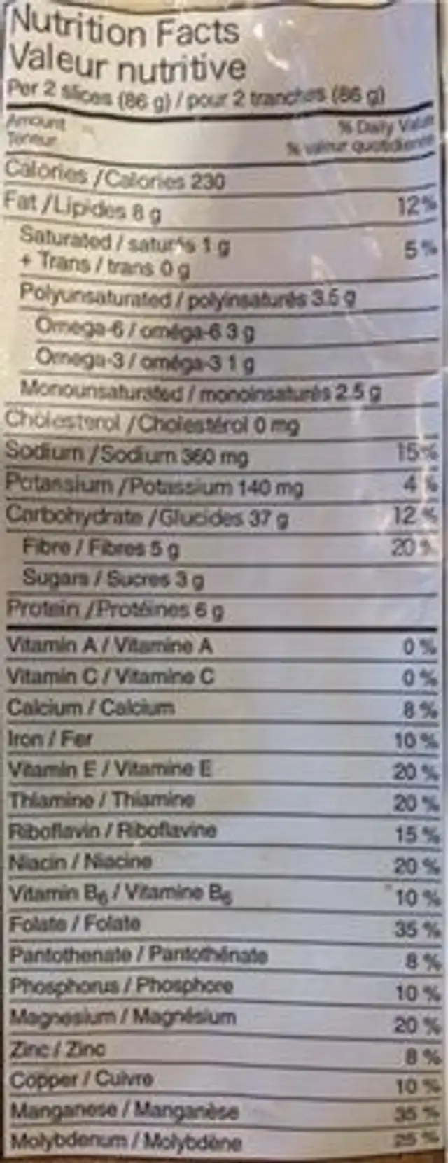 All but gluten whole grain loaf nutrition facts table