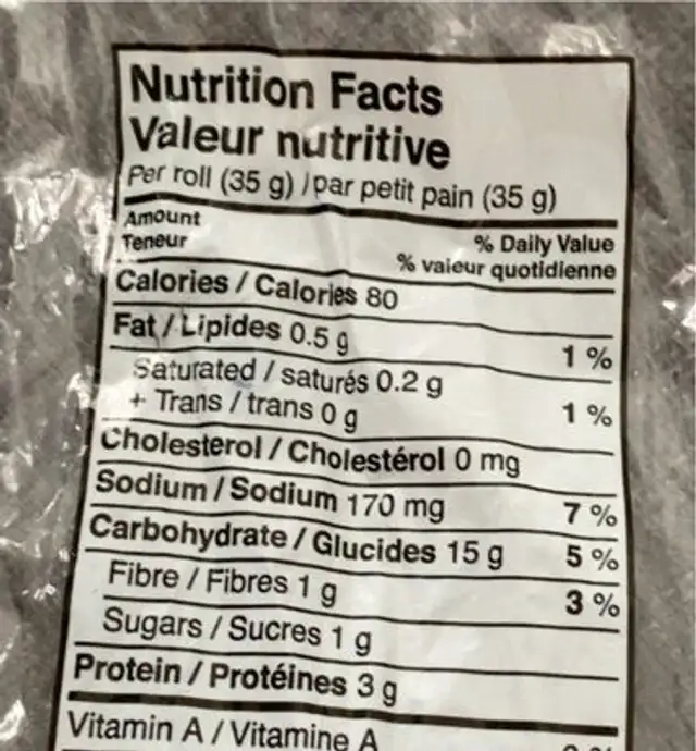 20 dinner rolls nutrition facts table